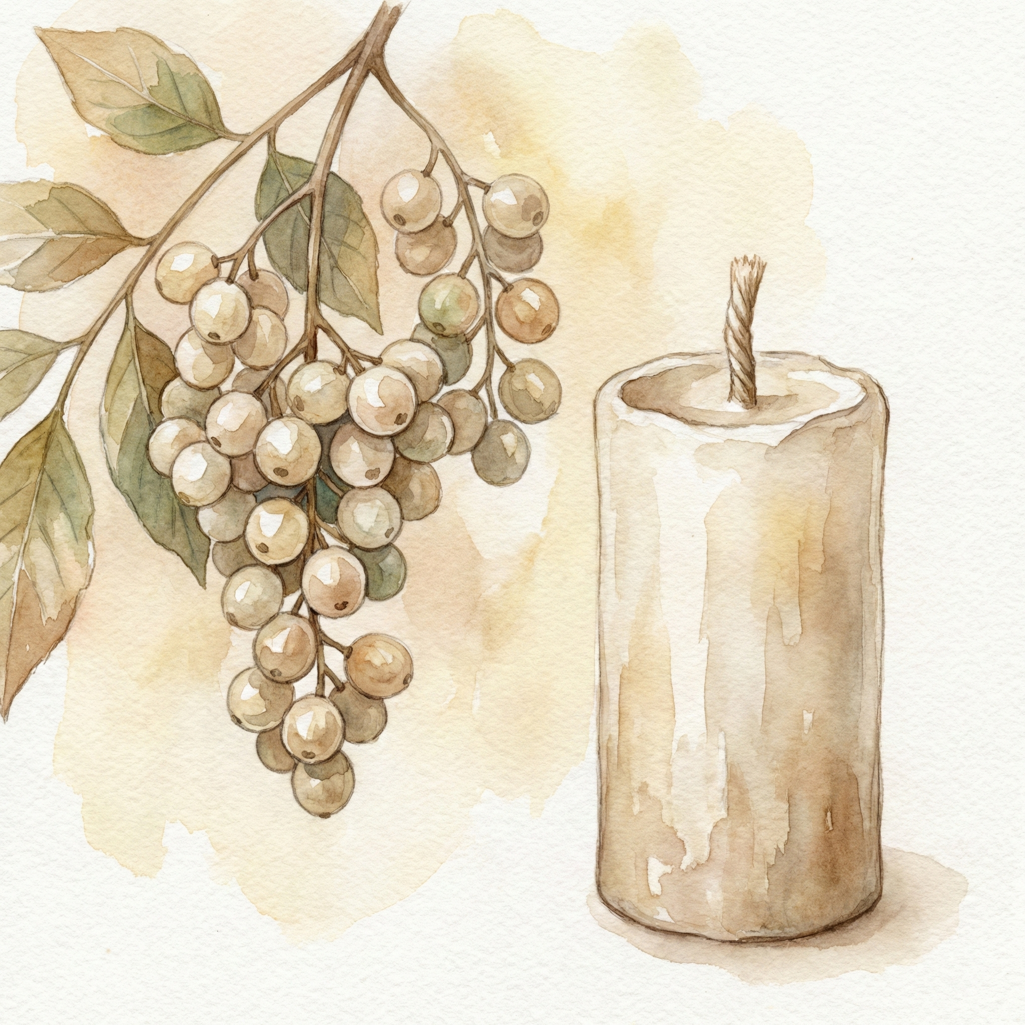 Illustration of clusters of haze tree berries alongside a traditional hand-layered wa-rosoku made from haze wax