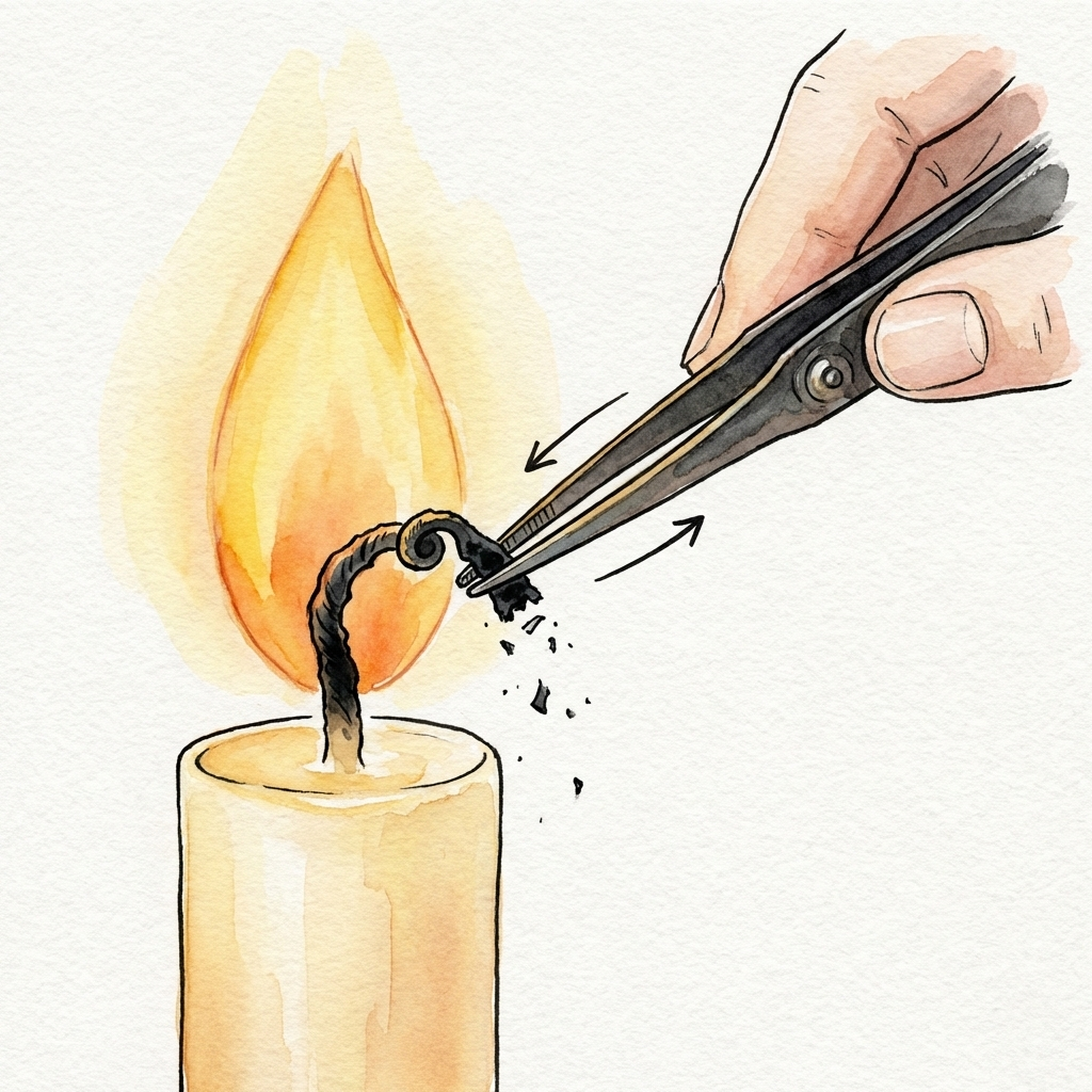 Illustration of wick scissors removing the charred tip of a wa-rosoku wick — the shinkiri ritual