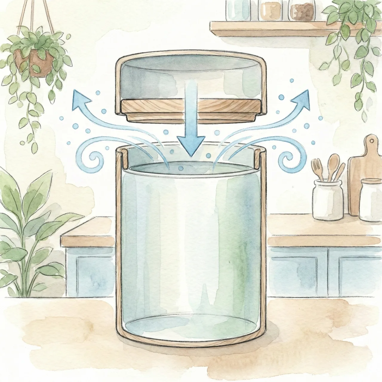 Diagram showing a Japanese canister lid sliding down by gravity, pushing air outward