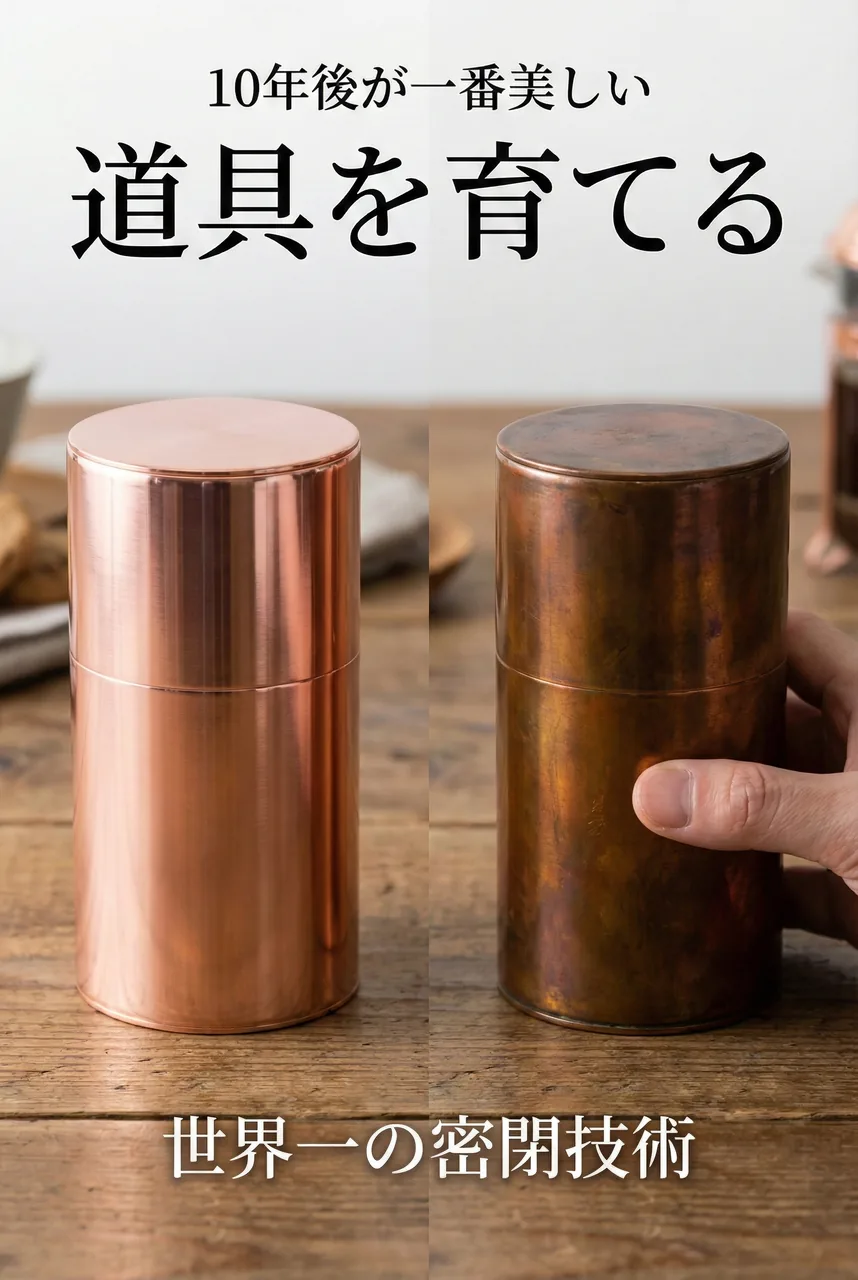 New and well-aged Kaikado tinplate canisters showing the patina transformation