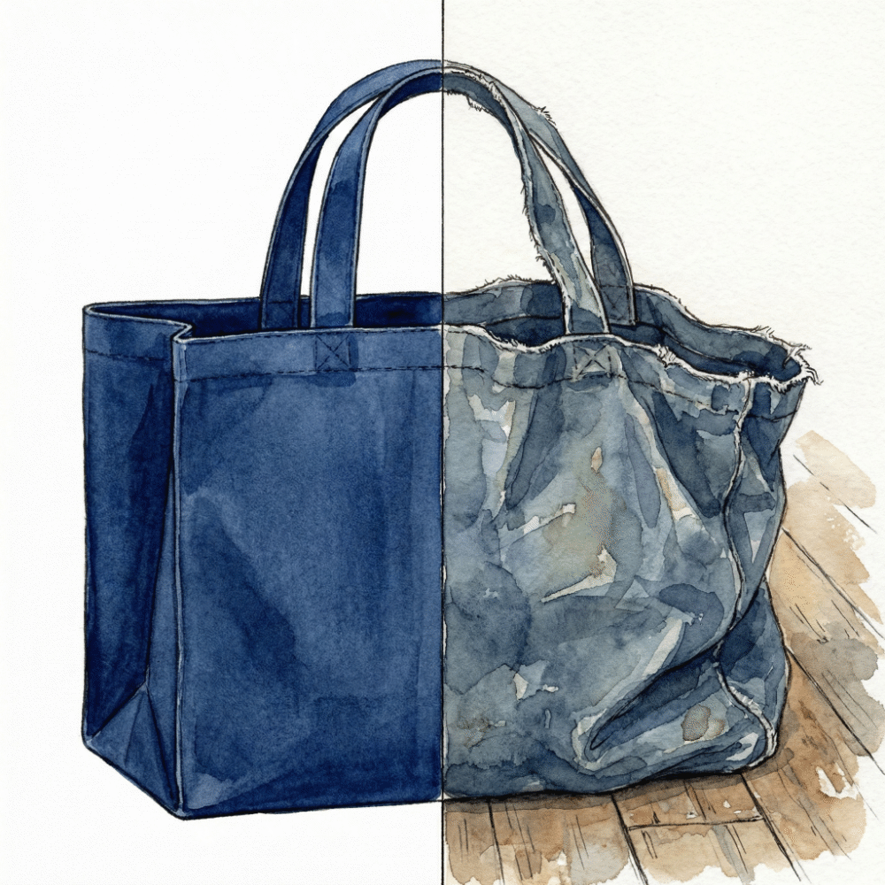 Comparison: stiff new canvas tote (left) vs. softened, broken-in bag with natural wear (right)