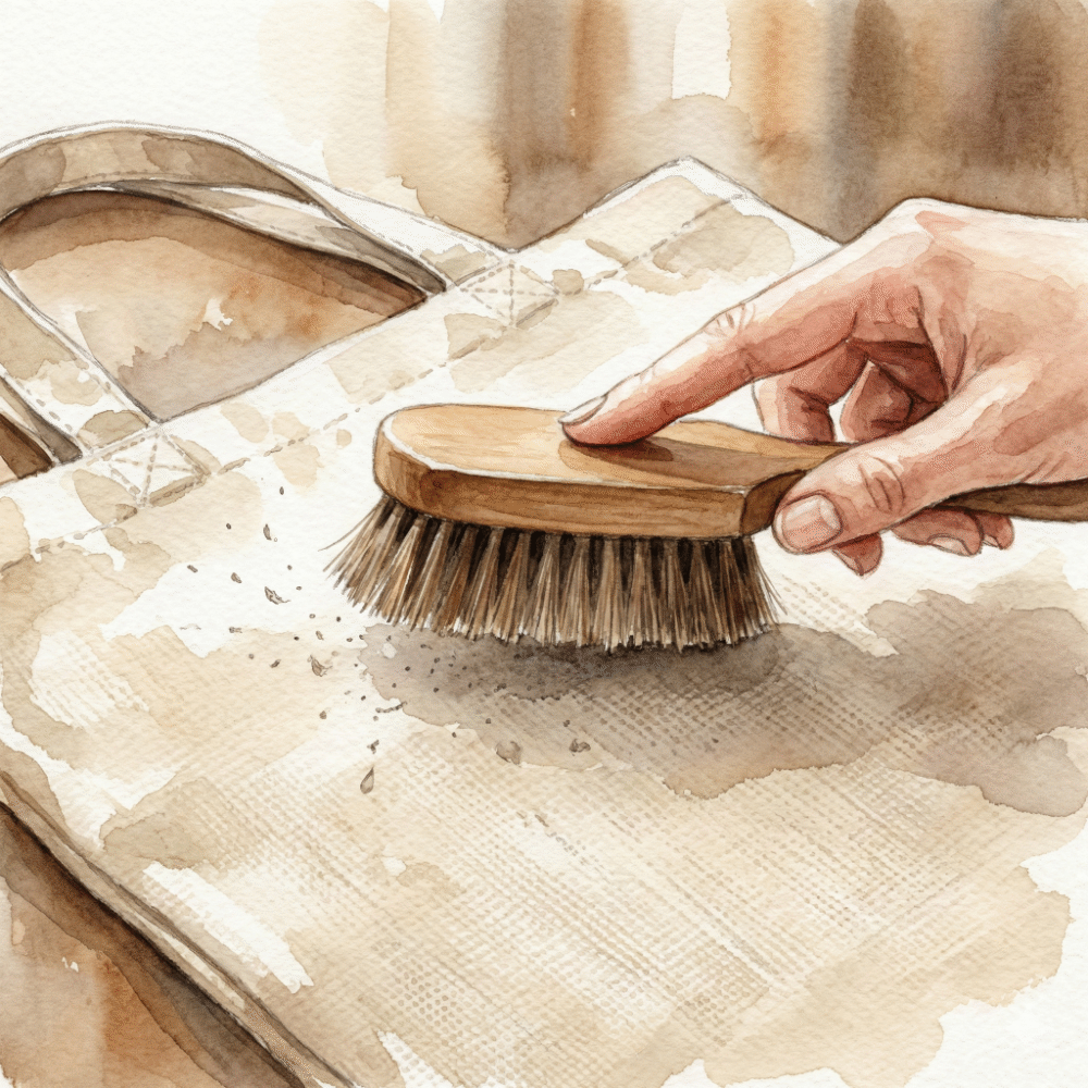 Brushing down a canvas bag surface with a soft horsehair brush