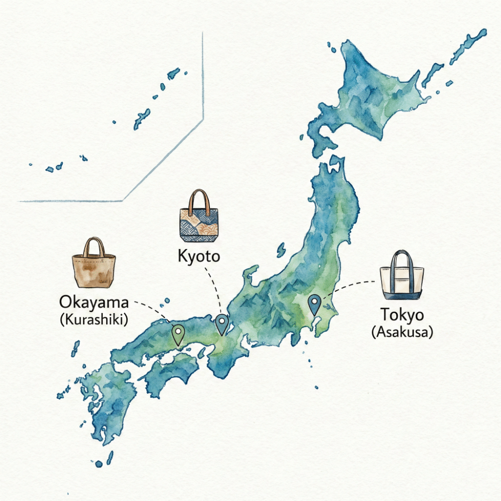 Map of Japan showing Kurashiki (Okayama), Kyoto, and Asakusa (Tokyo) as canvas bag production centers