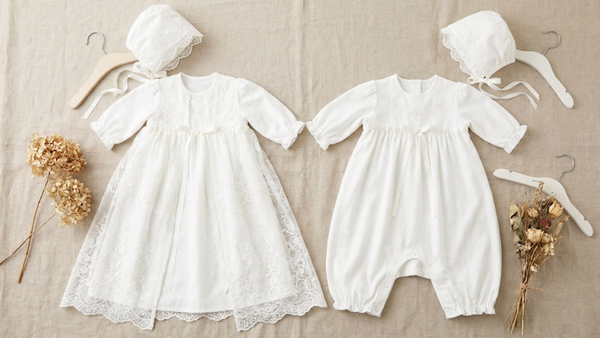Comparison of a long coat-type ceremony dress and a 2-way all-in-one style