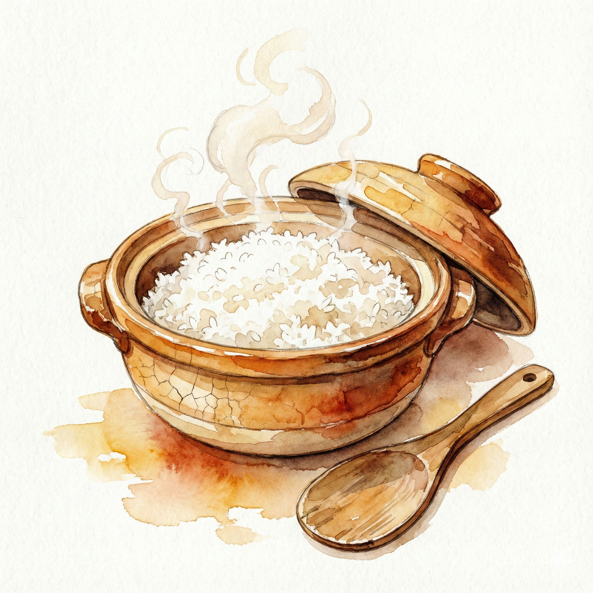 Illustration of donabe clay pot cooking rice