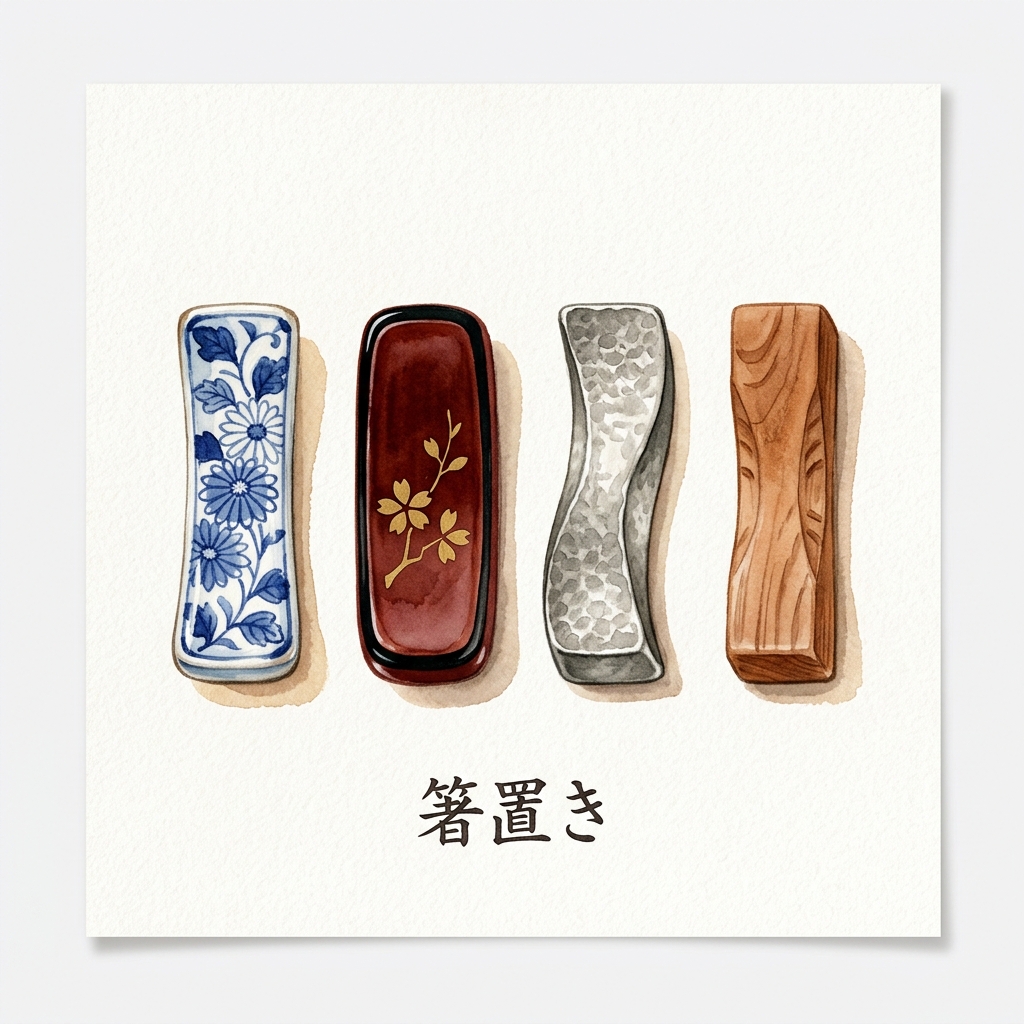 Side-by-side comparison of ceramic, lacquer, tin, and wood chopstick rests