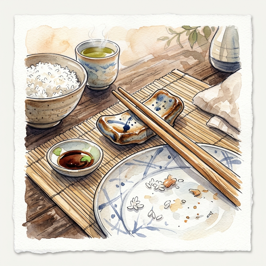 A Japanese table set with ceramic chopstick rests