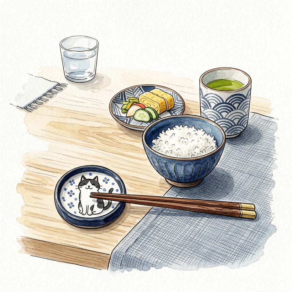 A casual everyday table set with Hasami-yaki chopstick rests