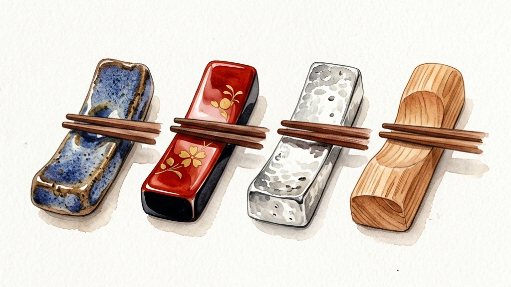 Four chopstick rests side by side comparing ceramic, lacquerware, tin, and wood materials