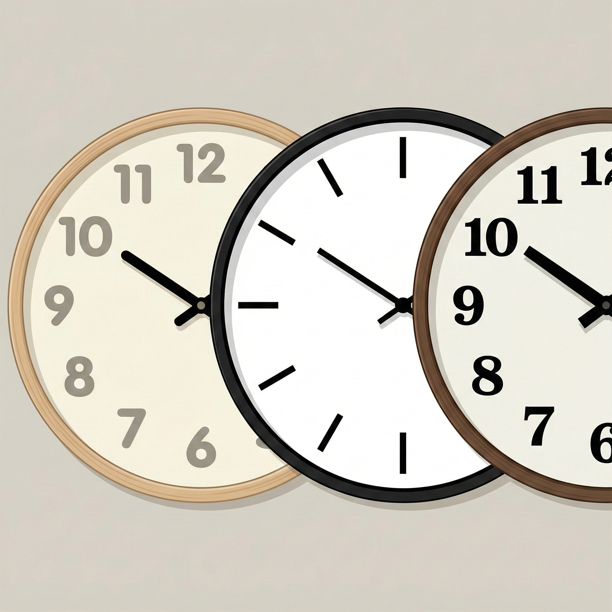Comparison illustration of three clock dial styles: rounded script, minimalist markers, and bold serif numerals