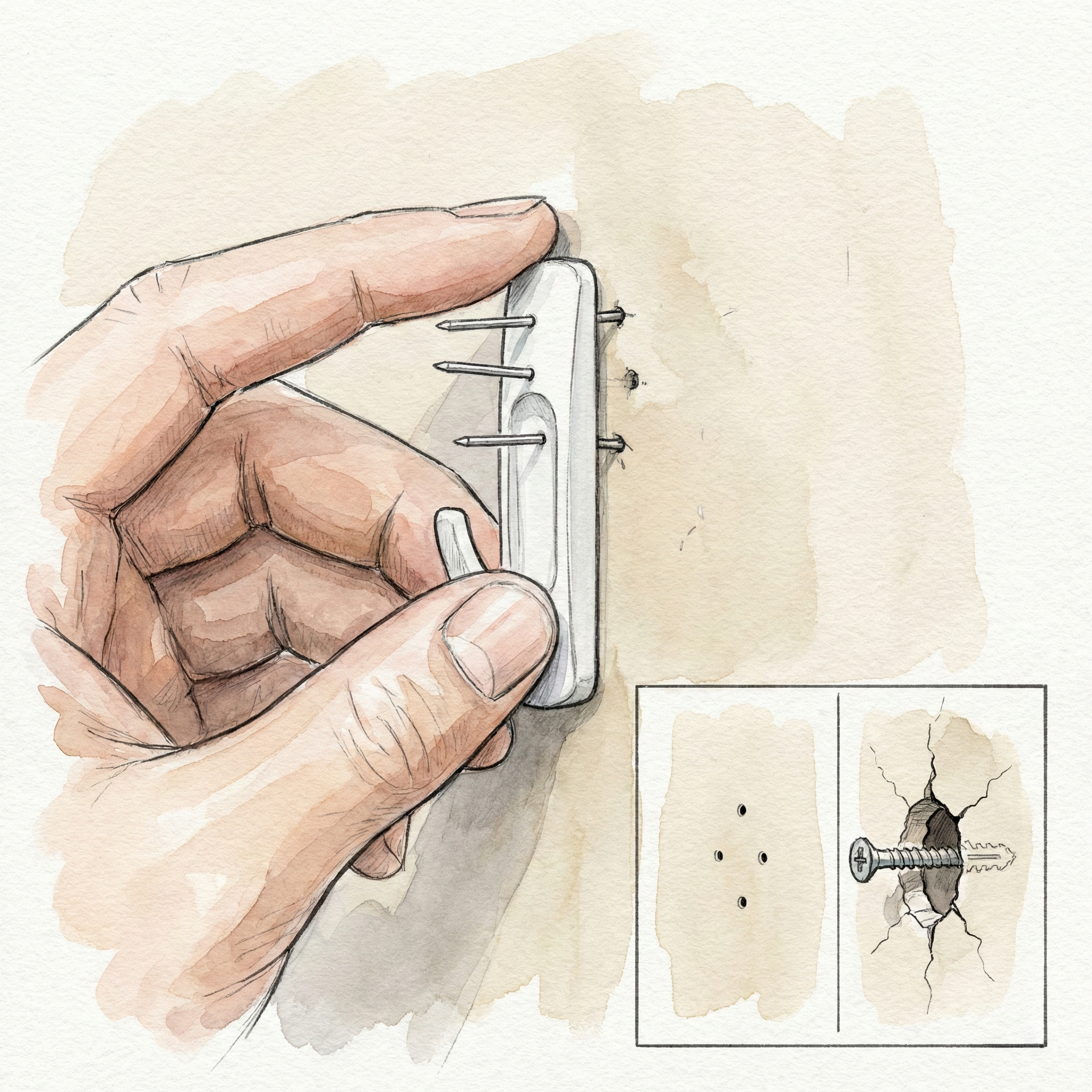 Illustration of an ultra-thin pin gypsum board hook and a close-up showing how little mark it leaves in the wall