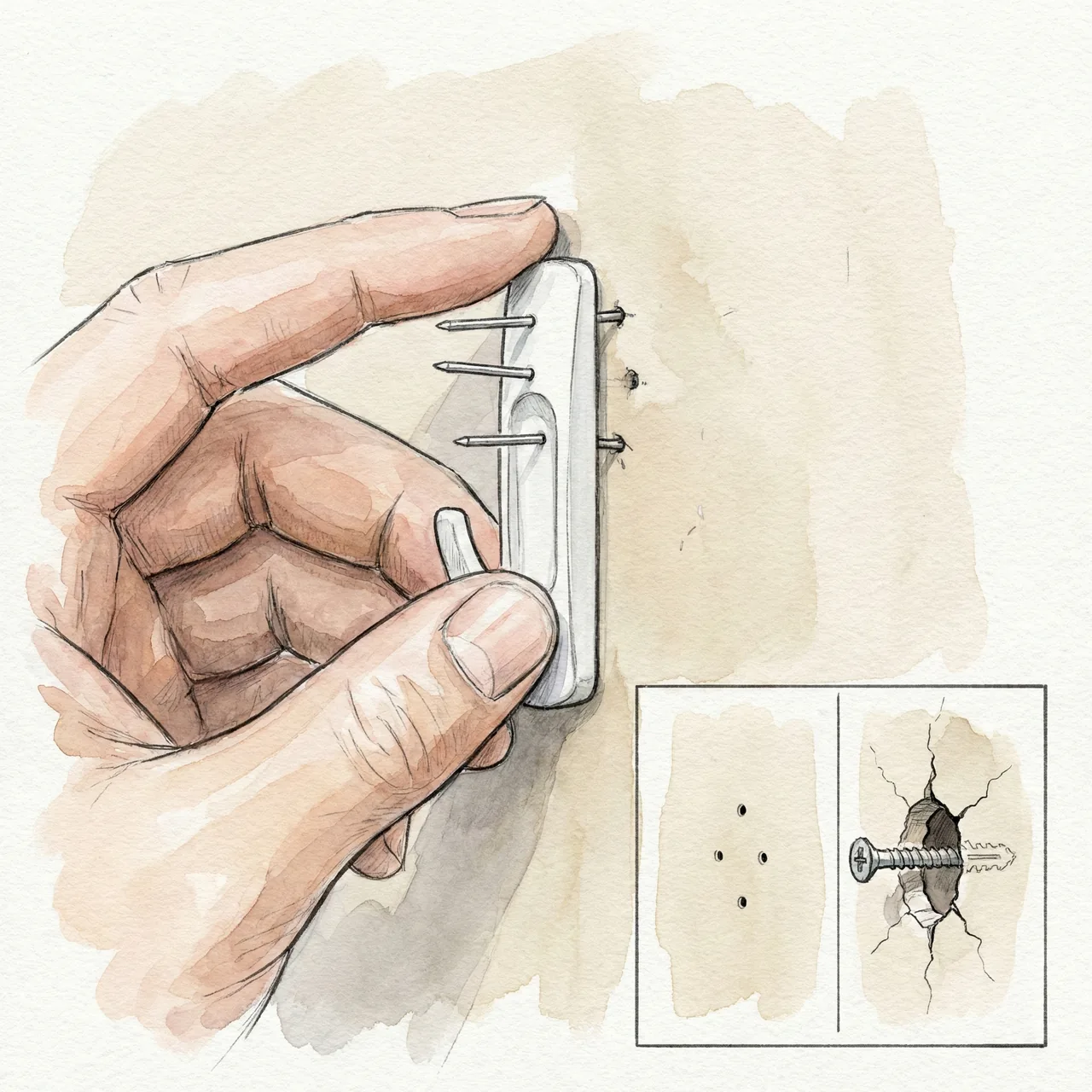 Illustration of an ultra-thin pin gypsum board hook and a close-up showing how little mark it leaves in the wall