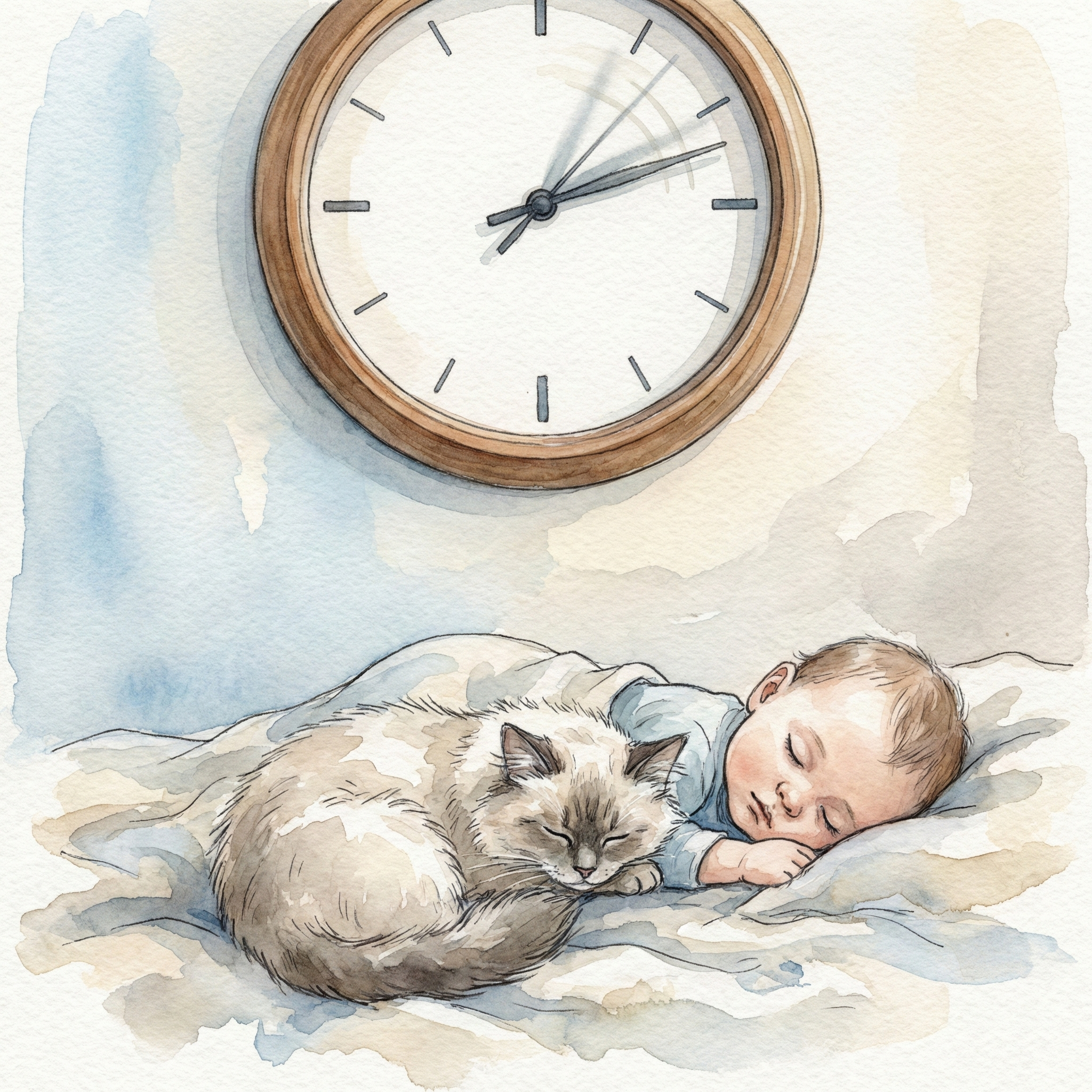Illustration of a sweep movement clock with a smoothly gliding second hand, next to a peacefully sleeping child