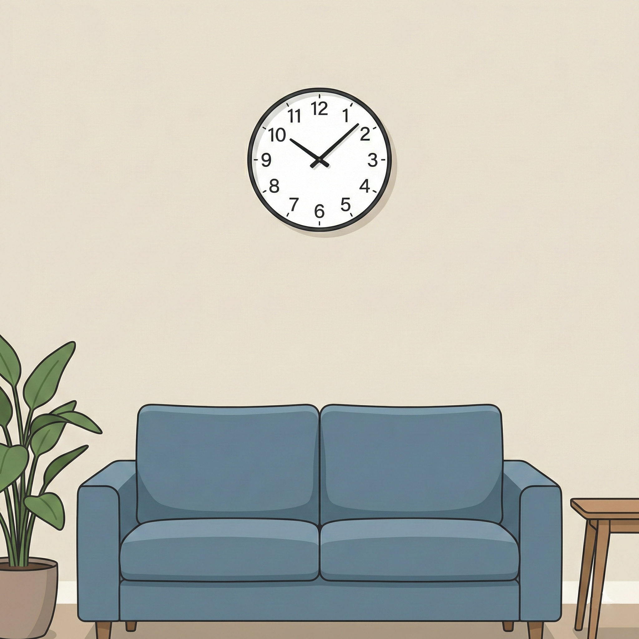 Illustration showing the ideal size of a wall clock (approx. 30 cm diameter) hung above a living room sofa