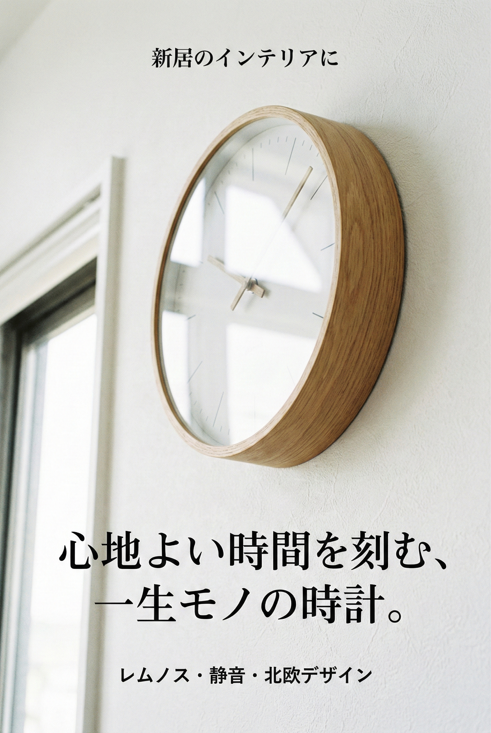 A wooden wall clock hanging in a Scandinavian-style living room, evoking a calm and unhurried sense of time