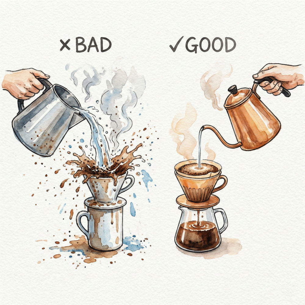 Illustration comparing a chaotic pour from an electric kettle versus a precise thin stream from a drip pot