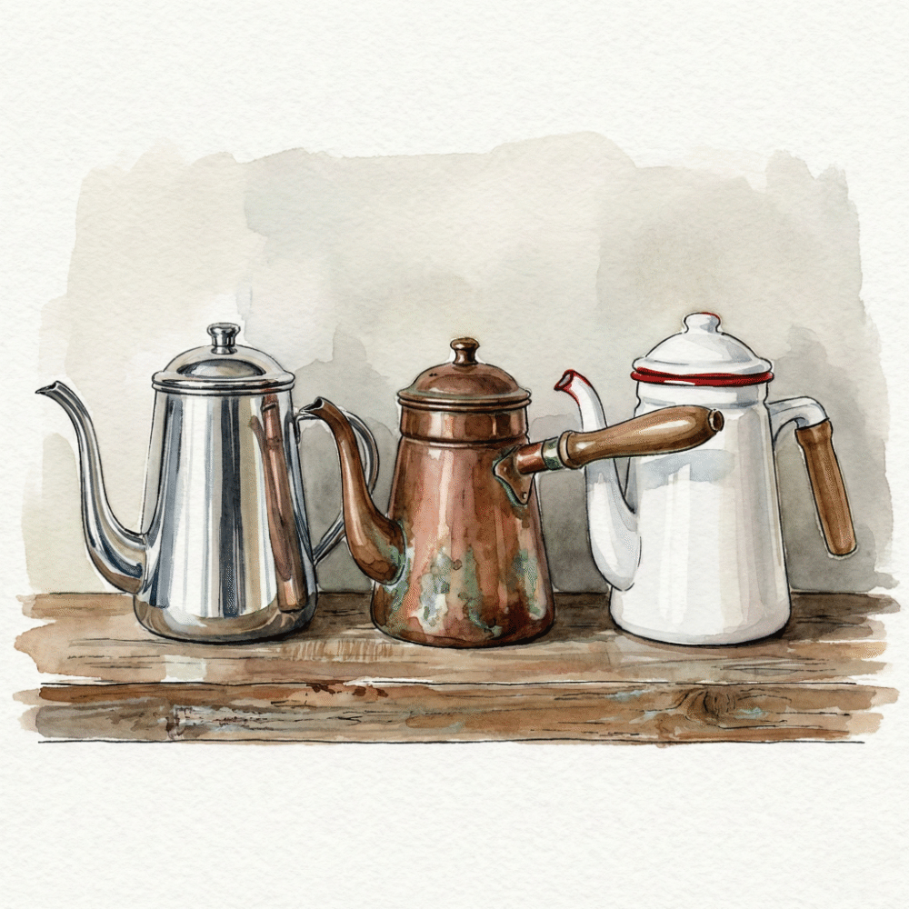 Illustration comparing three drip pots side by side: stainless steel, copper, and enamel