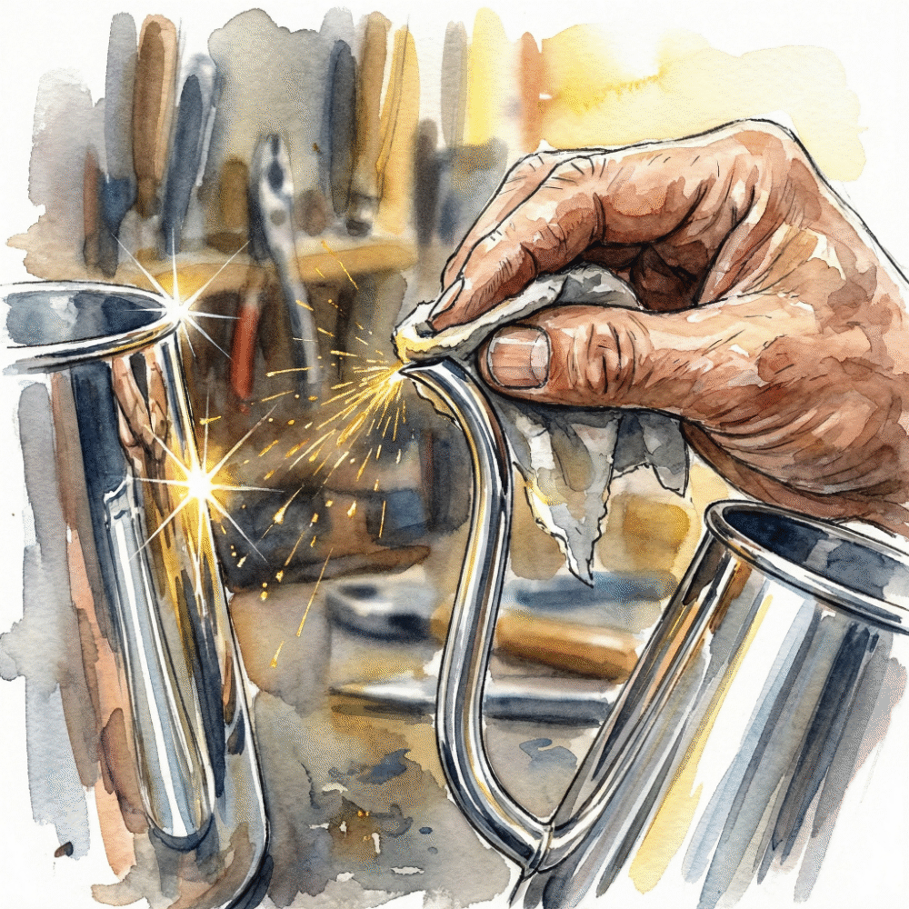 Illustration of a Tsubame-Sanjo craftsperson carefully hand-polishing the spout tip of a drip pot