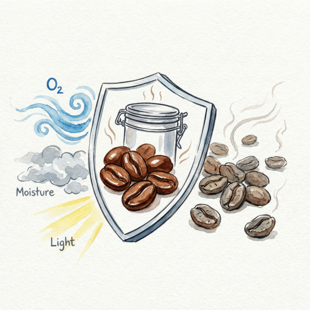 Illustration showing coffee beans degrading from oxygen, moisture, and light exposure, and a canister shielding them