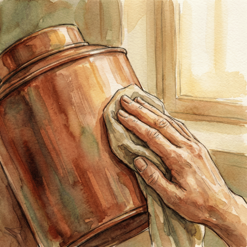 Illustration of hands gently stroking a metal tea caddy to develop a natural patina