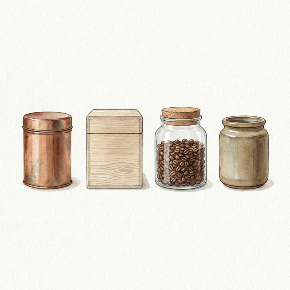 Side-by-side comparison illustration of metal, wood, glass, and ceramic coffee canisters