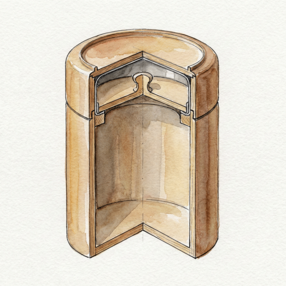 Cross-section diagram of a tea caddy showing the double-layer inner lid structure that maintains airtightness