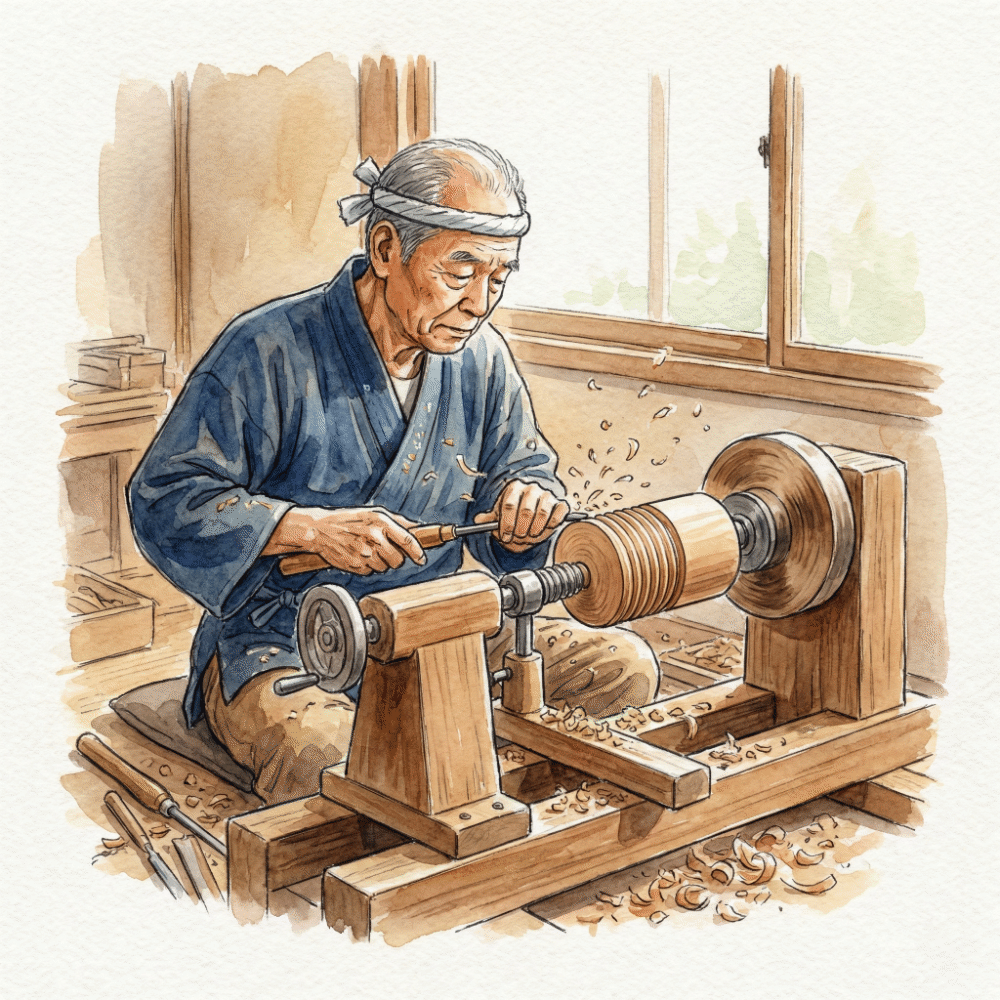 Illustration of a Yamanaka lacquerware craftsperson turning a wooden canister on a lathe, showing the beautifully aligned grain