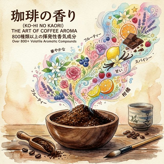 Watercolor illustration of aromatic compounds escaping from freshly ground coffee into the air