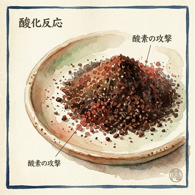 Watercolor illustration showing the oxidation process in ground coffee versus whole beans