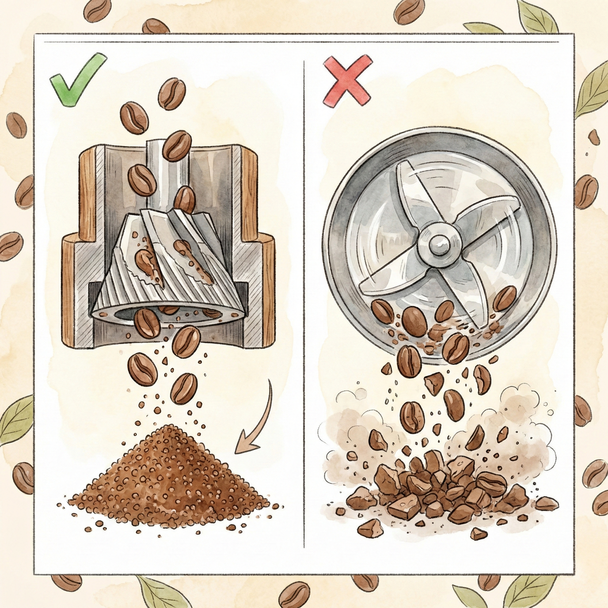 Comparison illustration of uniformly ground coffee particles from a quality burr mill versus the uneven particles and fines from a blade grinder