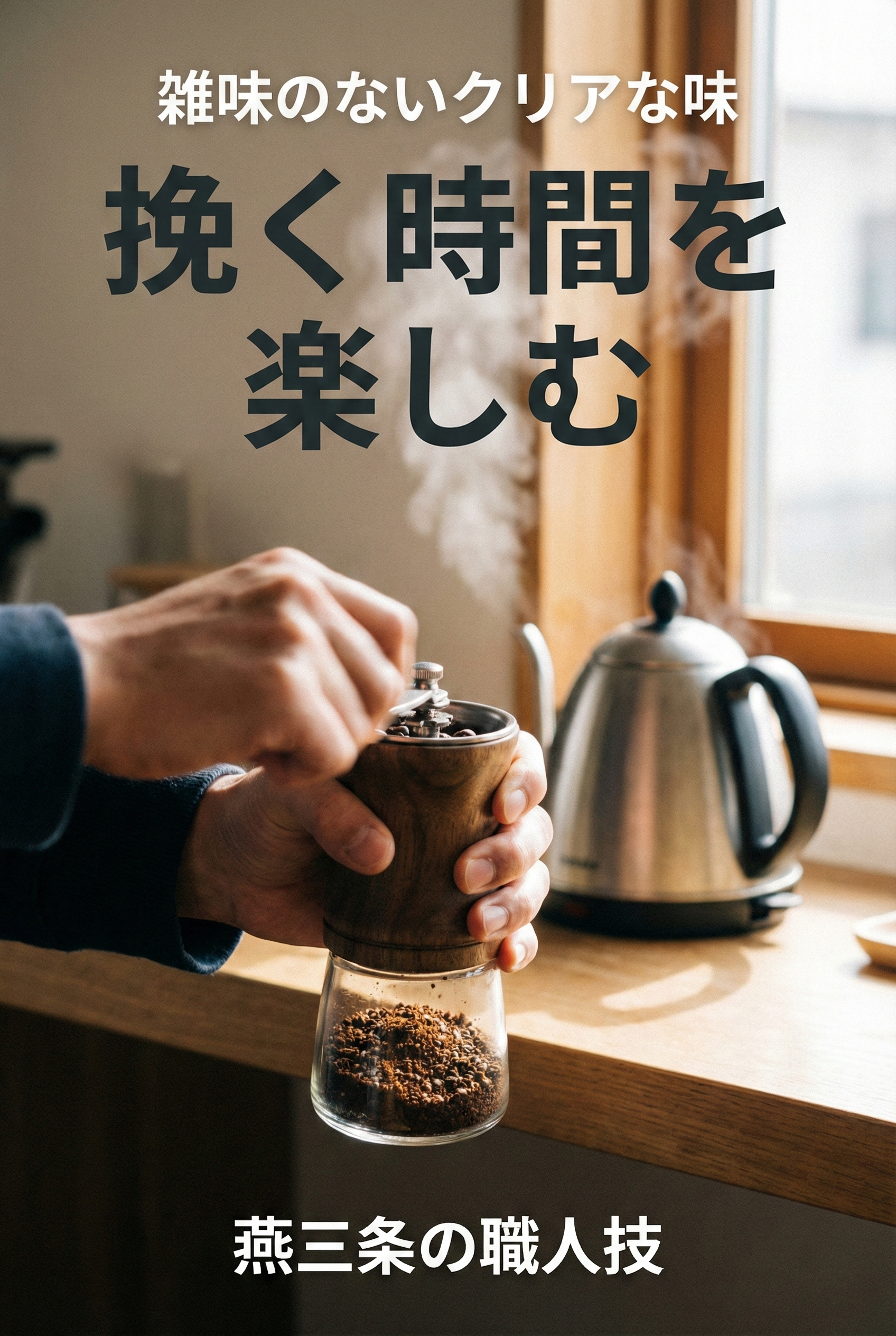 Morning light in a kitchen — hands working a hand grinder, coffee aroma rising as the beans crack open