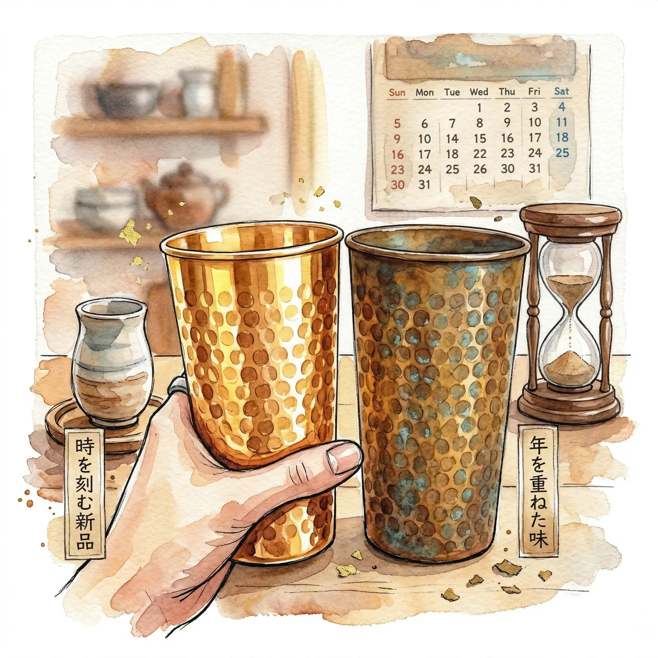 Aged pure copper tumbler developing a warm amber patina