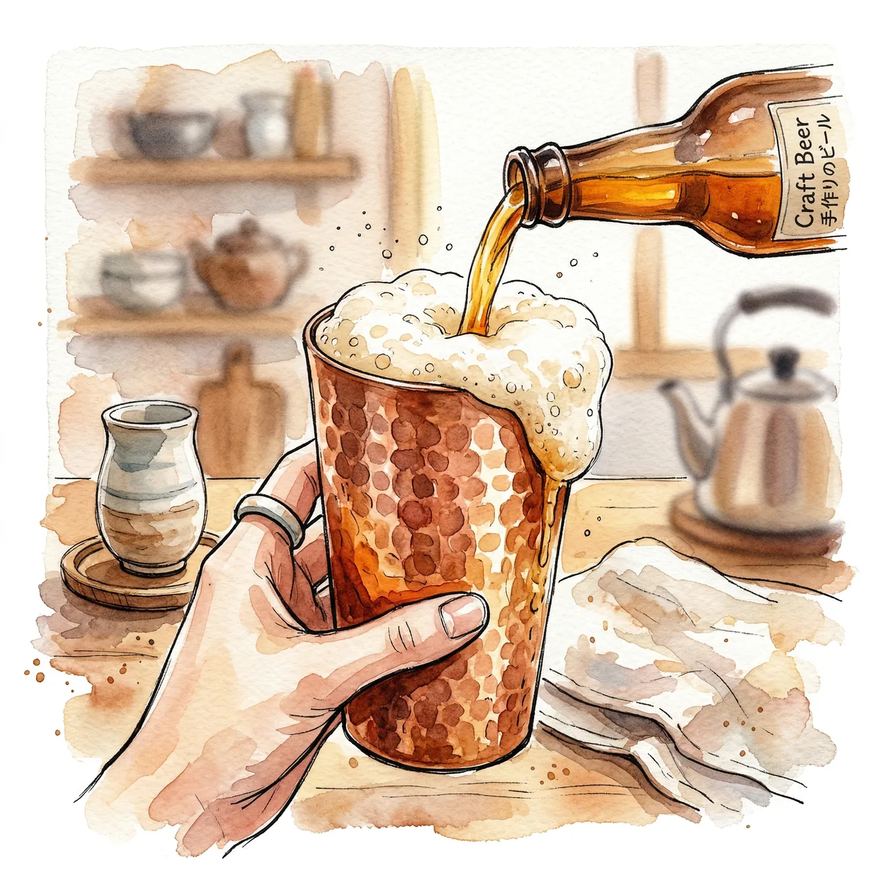Creamy foam forming in a pure copper beer tumbler