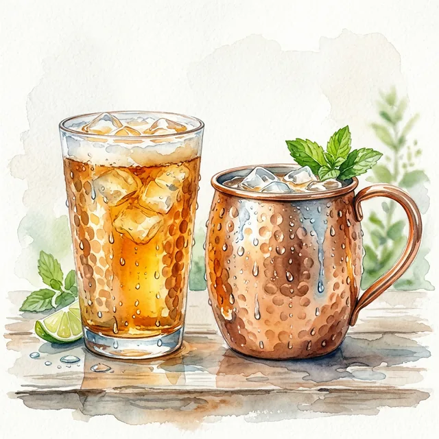 Watercolor illustration of a cold pure copper tumbler with condensation