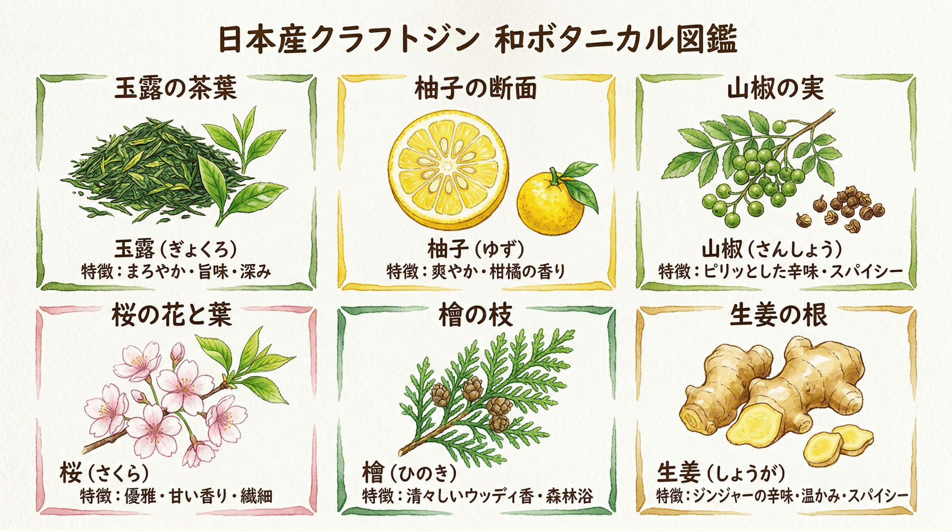 Six Japanese gin botanicals illustrated: gyokuro, yuzu, sansho, sakura blossom, hinoki, ginger