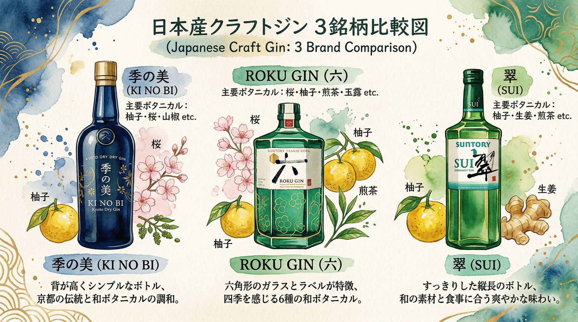 Three Japanese craft gin bottles: Ki No Bi (premium), ROKU GIN (6 botanicals), SUI (casual dining)