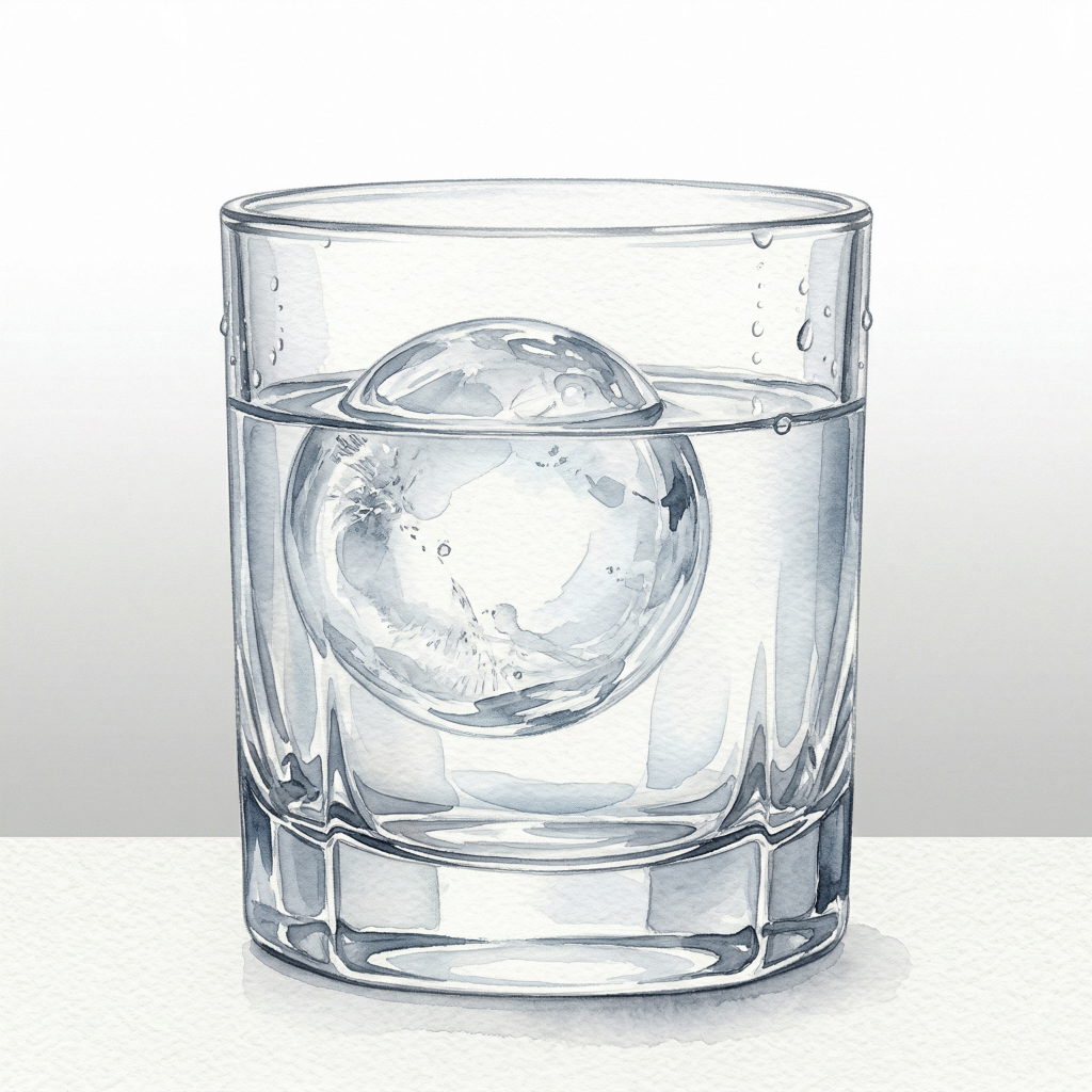 Rocks glass with single large ice cube — for on-the-rocks premium gin