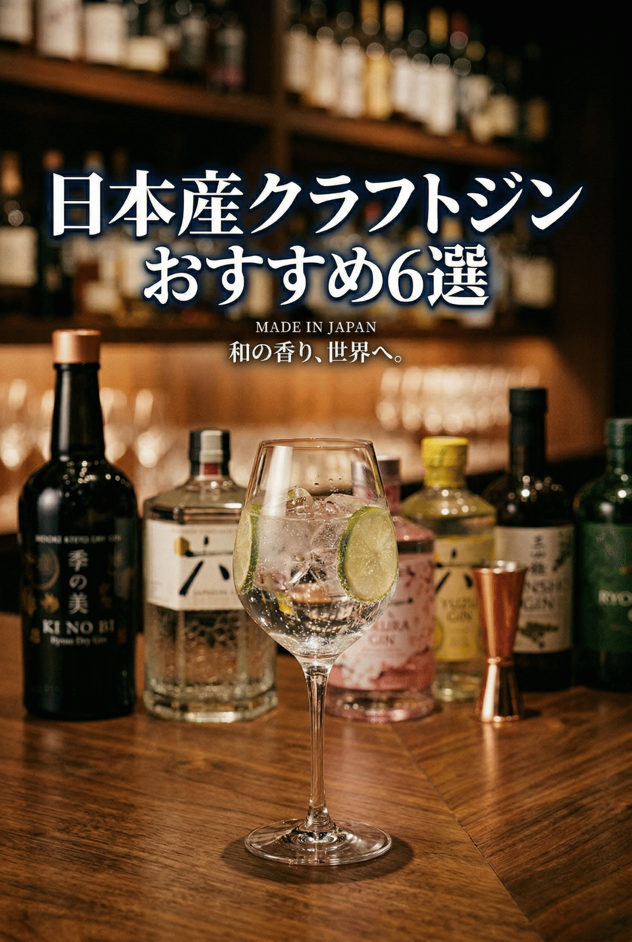 Japanese craft gin bottles — Ki No Bi, ROKU, SUI and regional distillery gins