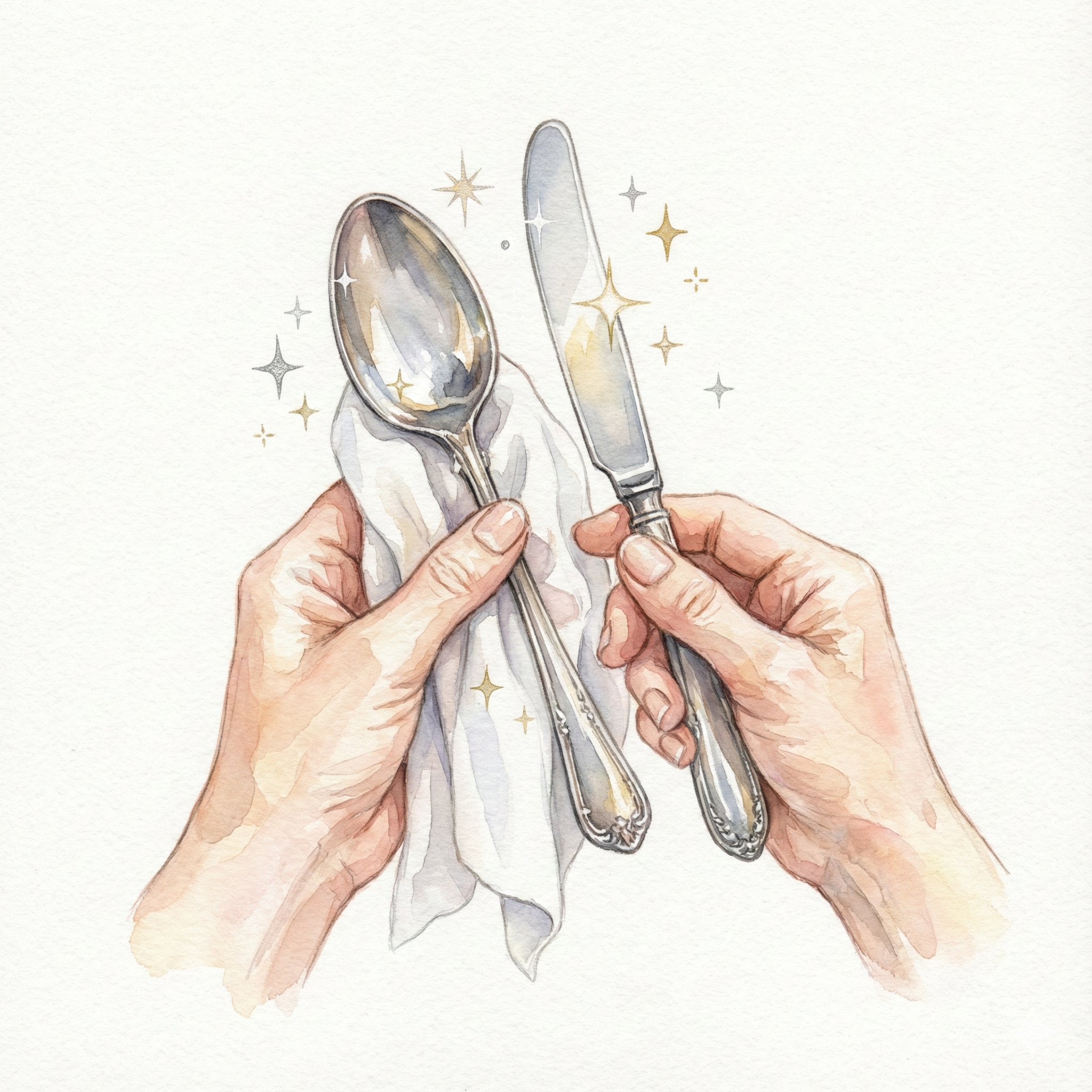 Illustration of polishing cutlery with a soft cloth