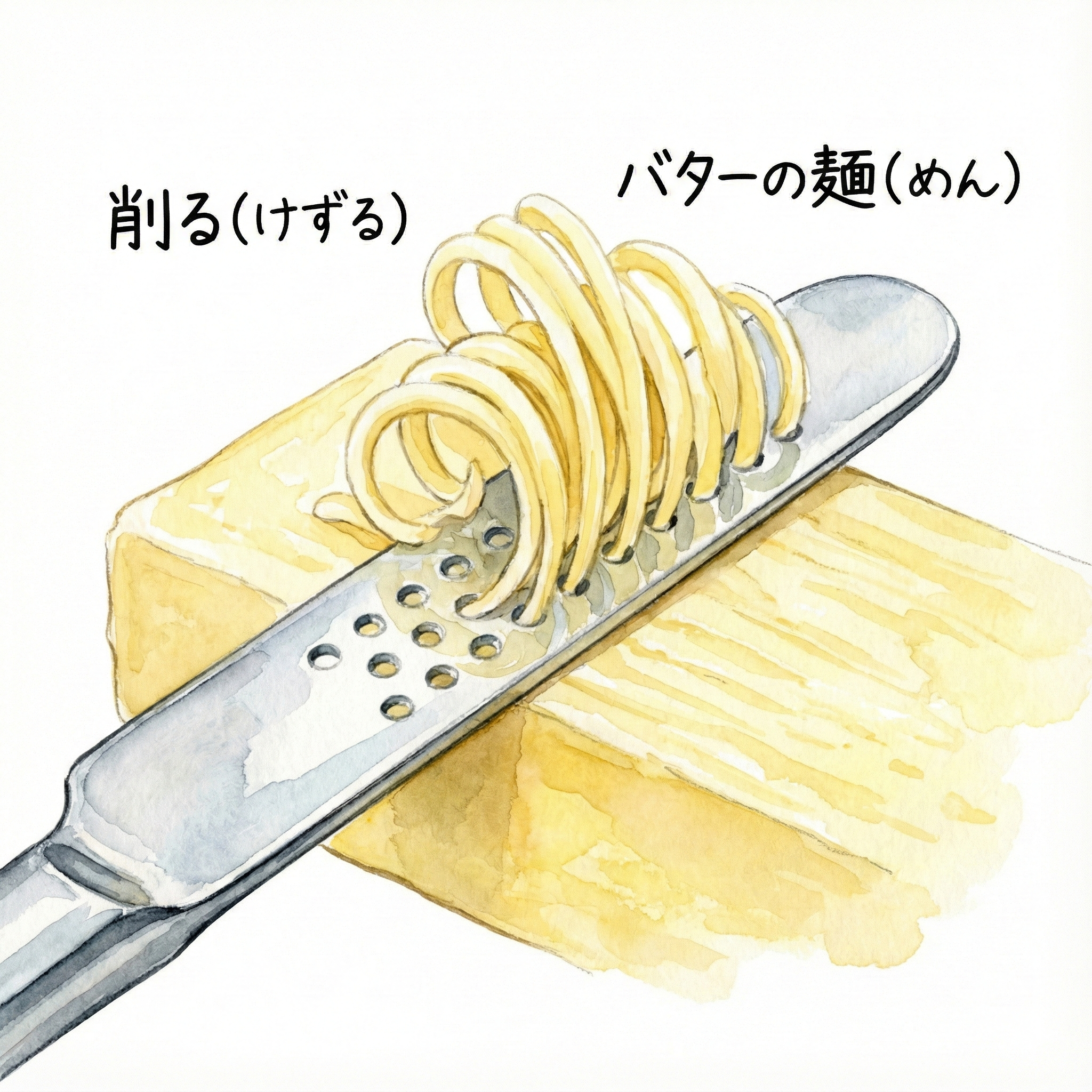 Illustration of a perforated stainless knife shaving cold butter into threads