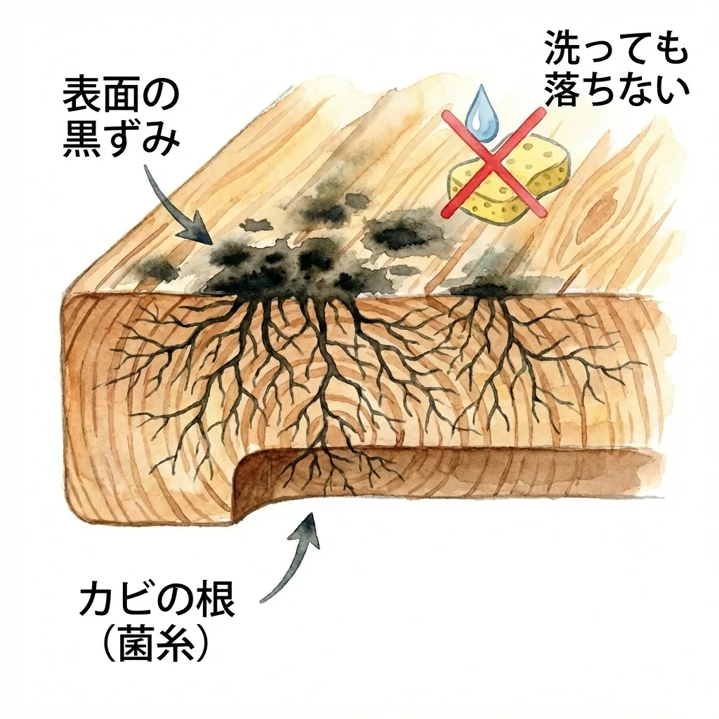 Cross-section illustration of a cutting board showing mold roots extending from the black surface stain into the wood fibers