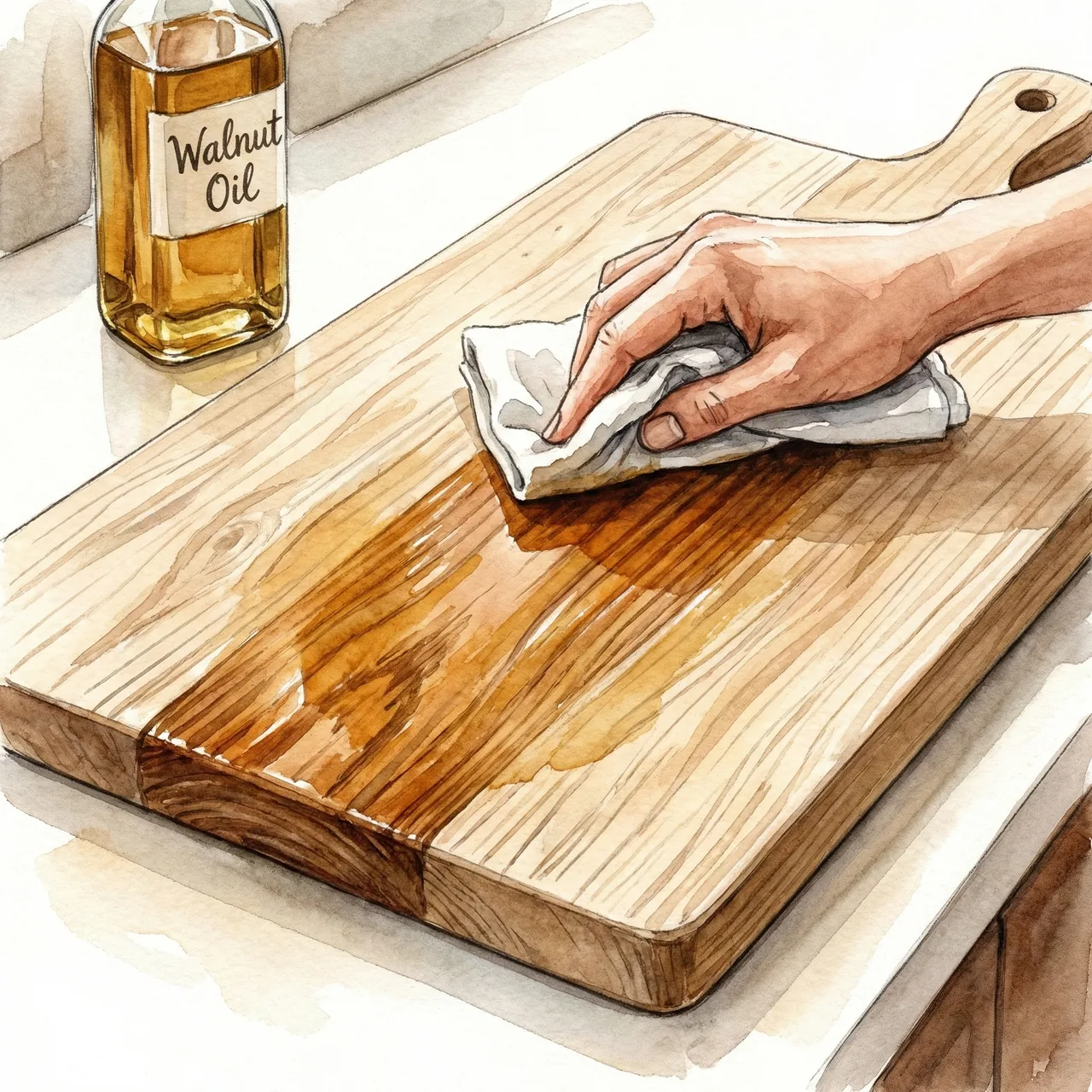 Illustration of applying walnut oil to a freshly sanded cutting board with a cloth