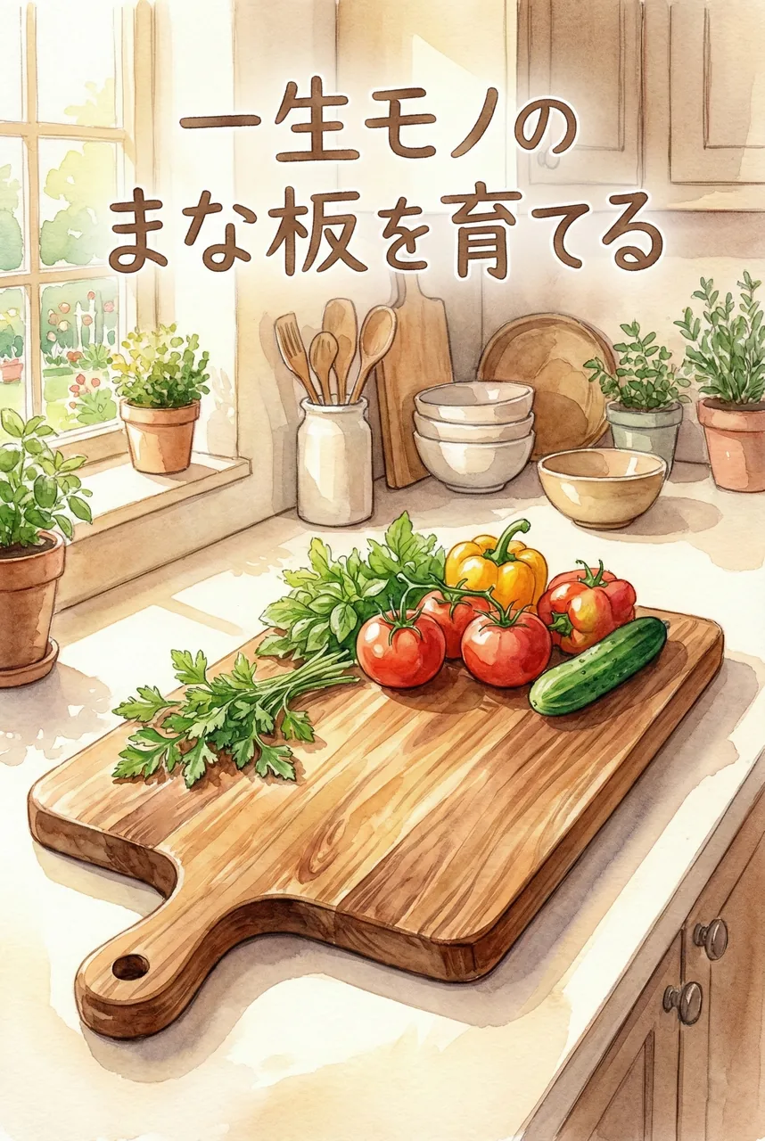 A well-maintained wooden cutting board beside fresh vegetables in a clean kitchen