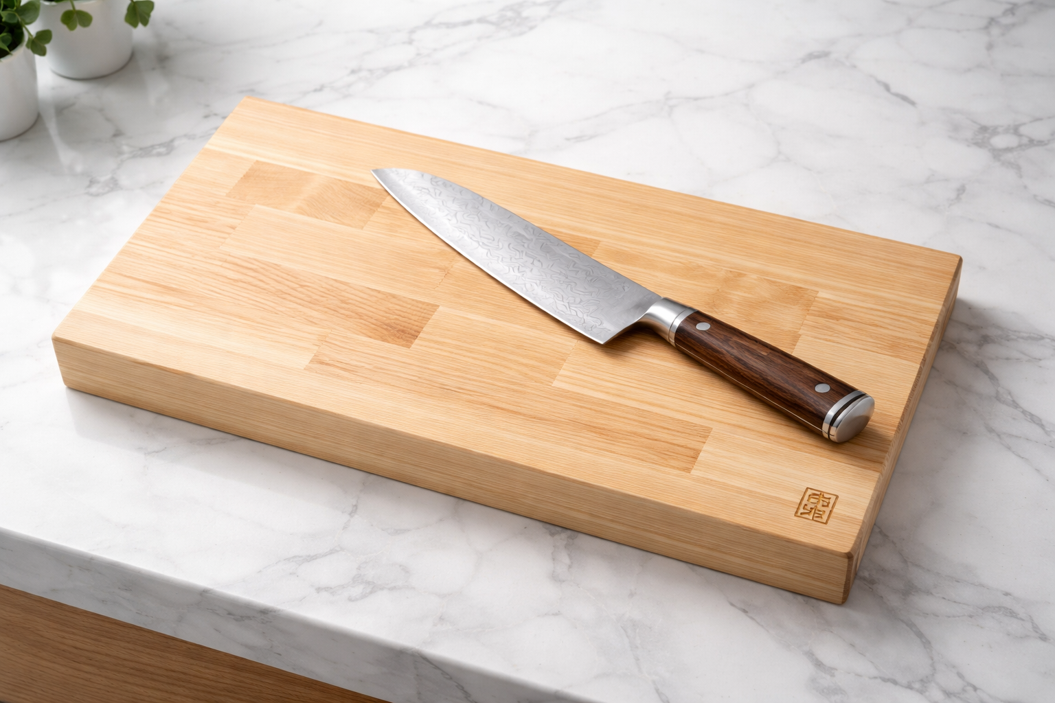 A craftsman-finished Japanese wooden cutting board alongside a Japanese kitchen knife