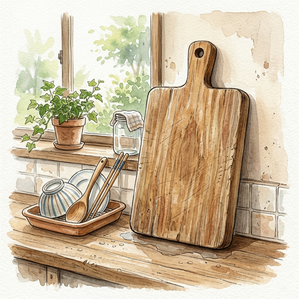 A wooden cutting board standing upright to dry on both sides