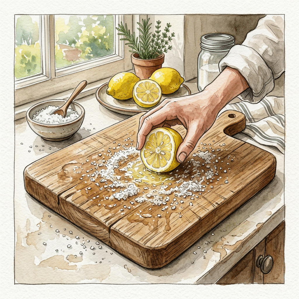 Scrubbing a cutting board with salt and lemon for natural deodorizing