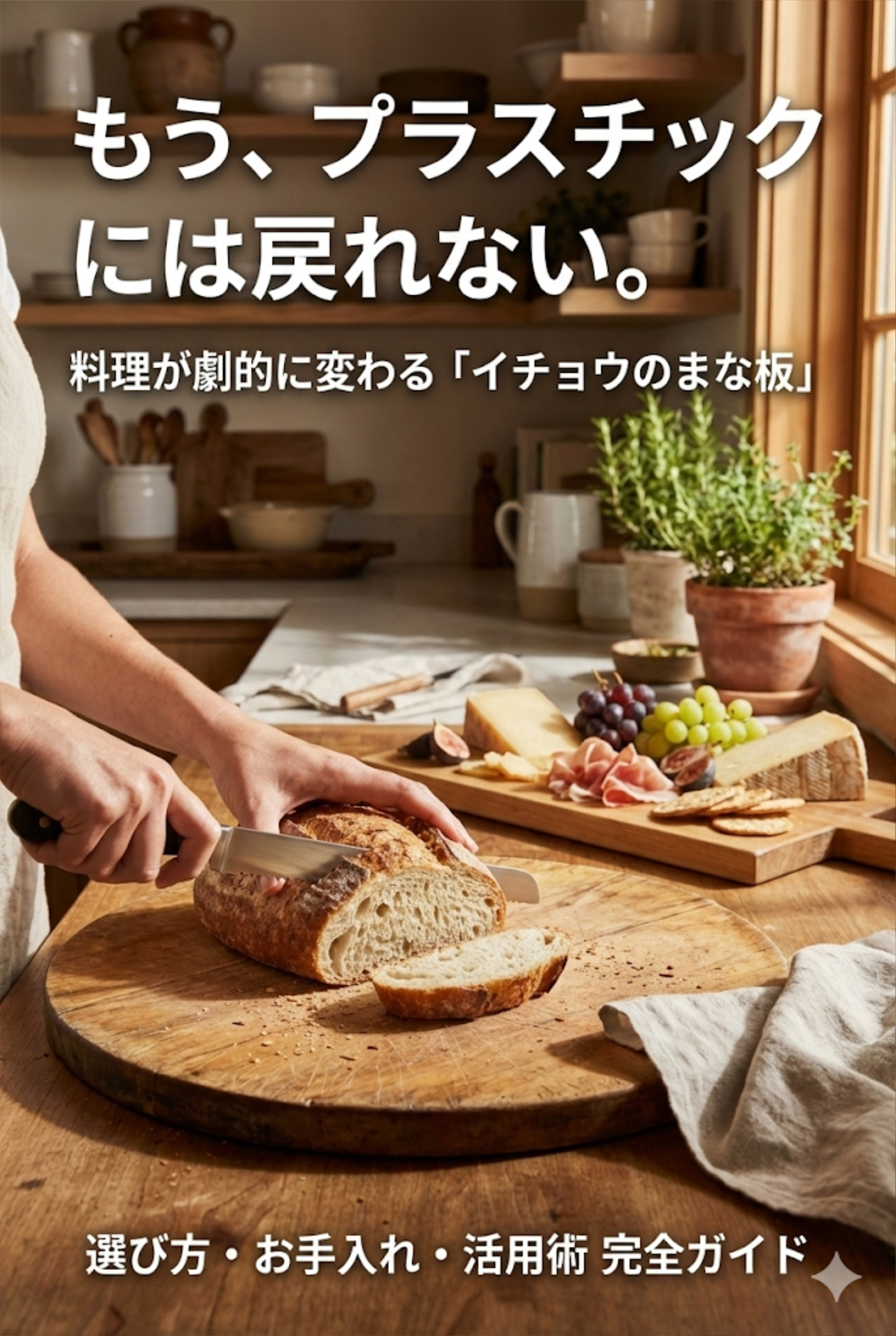 A well-used ginkgo cutting board with a Japanese knife