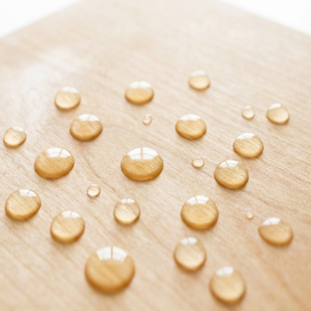 Water beading on a ginkgo cutting board surface