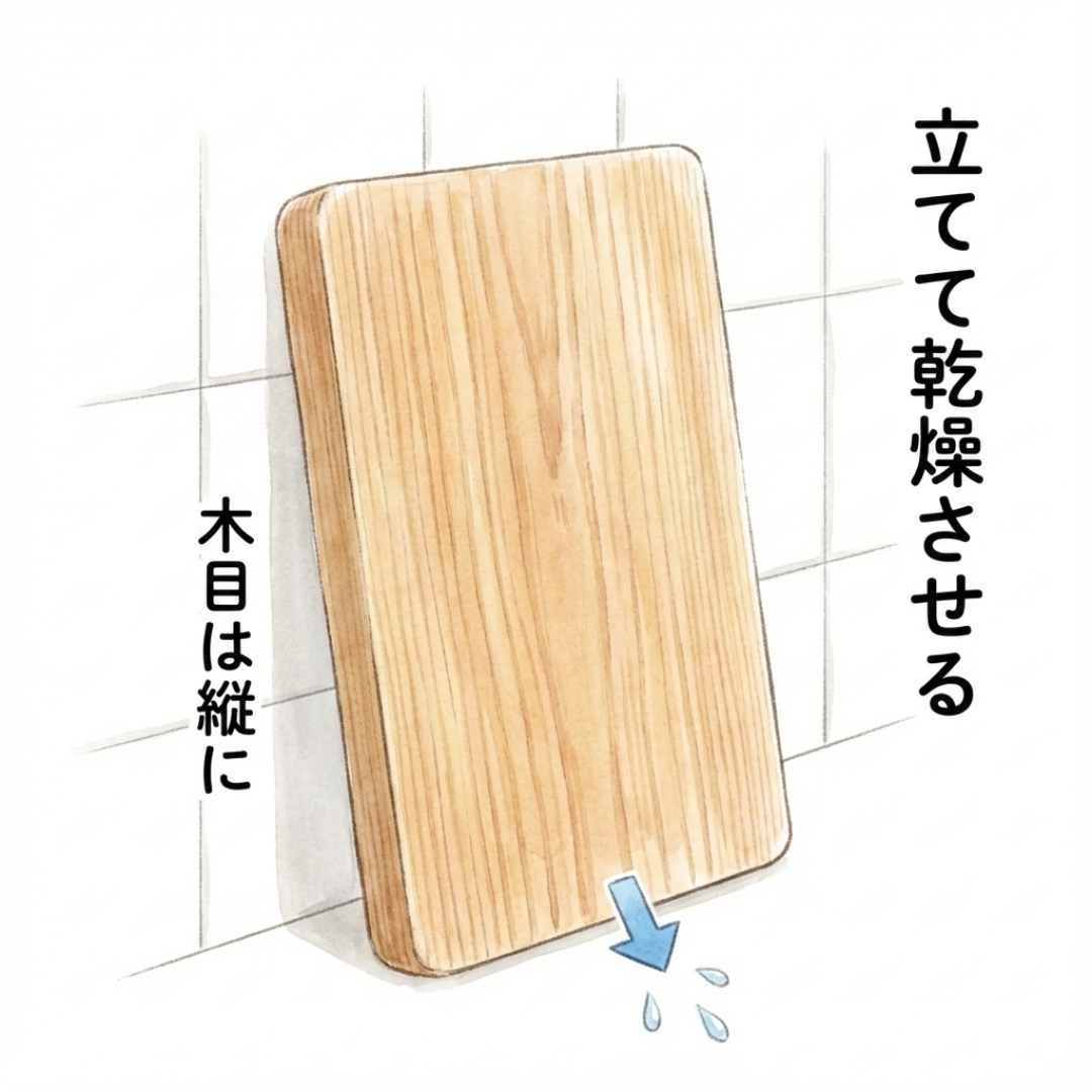 Standing a cutting board upright with grain vertical to dry