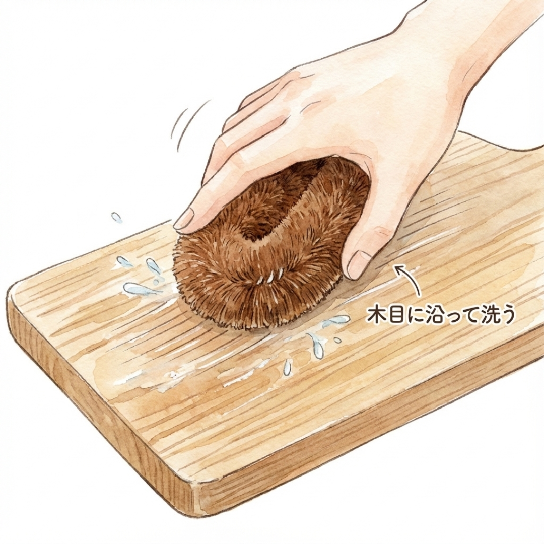 Scrubbing a cutting board along the grain with a tawashi brush